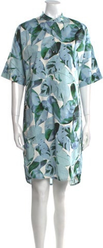Akris Punto Floral Print Knee-Length Dress Akris Punto Shift Dress Blue Floral Print Short Sleeve with Mock Neck Button Closure at Front Designer