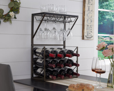 17 Stories Harrietstown 12 Bottles Countertop Wine Rack Stand with Glass Holder Wine Storage Cabinet Shelf