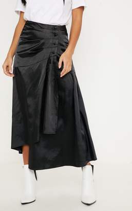 PrettyLittleThing Petite Black Satin Button Waist Midi Skirt