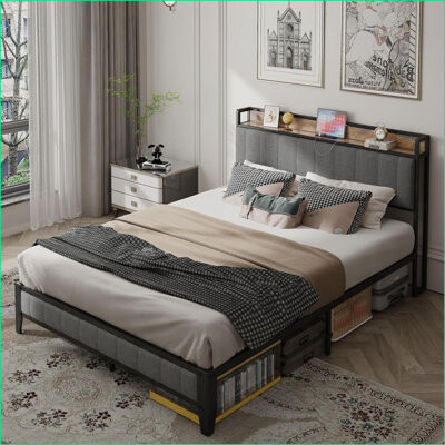Ebern Designs Queen Size Metal Platform Bed Frame with Charging Station & Upholstered Headboard - No Box Spring Needed, Grey for Master Bedroom