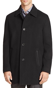 cole haan wool blend leather trim rib knit inset coat