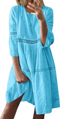 Your New Look Women's Plain Color 3/4 Sleeve Eyelet Boho Loose Fit Midi Dress Casual Crew Neck Bohemian Dress for Summer Daily Vacation Beach Blue