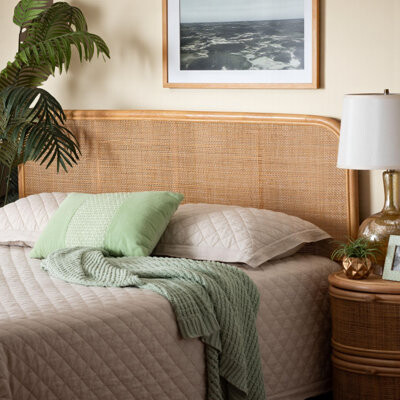 Dakota Fields Cindy Coastal Boho Style Rattan Standalone Headboard in Natural Wicker with Rounded Corners Queen Size