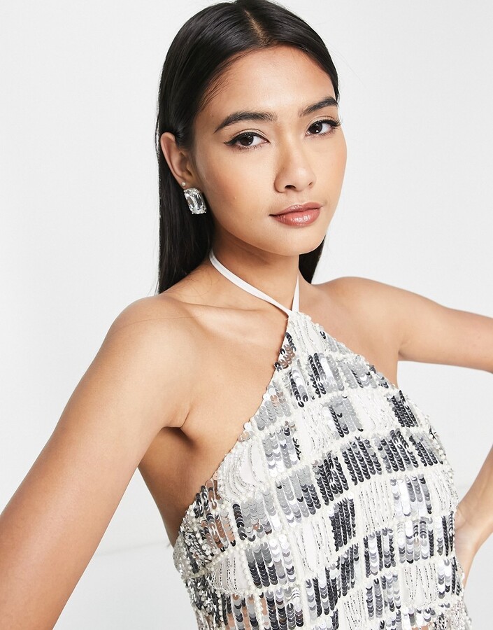 ASOS DESIGN embellished sequin and pearl halter top co-ord in