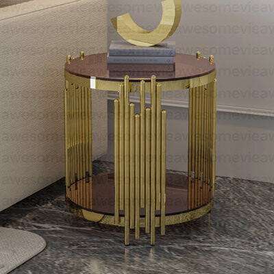 Everly Quinn 19.69inch Modern Luxury Gold End Table for Living Room, Stainless Steel Leg Round 8mm Brown Tempered Glass Sofa Side Table