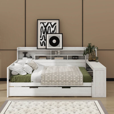 Lark Manor Wooden Frame Daybed With Trundle Storage Shelves