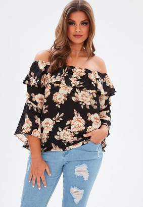 Missguided Curve Black Bardot Frill Printed Blouse