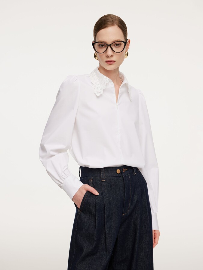 GOELIA Lace Collar Hidden Half-Zip Women Shirt - White / L