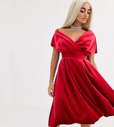 Thumbnail for your product : ASOS Petite DESIGN Petite velvet fallen shoulder midi prom dress with tie detail