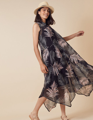 Monsoon Lola Palm Print Midi Dress in Recycled Fabric Black