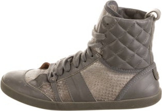 Chloé Leather High Top Sneakers Grey Printed Rubber & Snakeskin Trim Round-Toes Lace-Up Closure at Uppers Designer