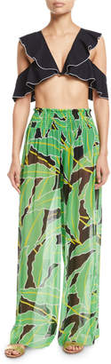 Diane von Furstenberg Smocked Leaf-Print Wide-Leg Coverup Pants