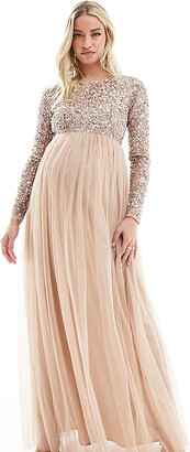Maya Maternity Bridesmaid long sleeve maxi tulle dress with tonal delicate sequin in muted blush