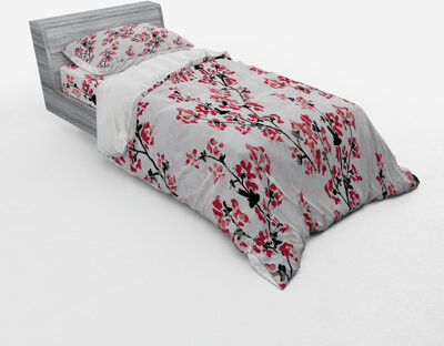 Ambesonne Floral Light Gray/Red Microfiber Farmhouse / Country Duvet Cover Set
