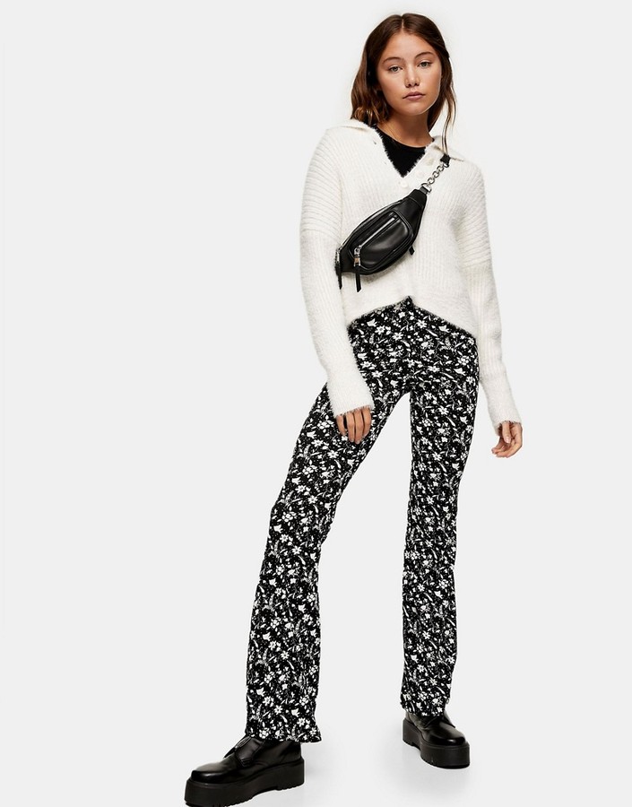 Topshop floral print flared trousers in monochrome - ShopStyle