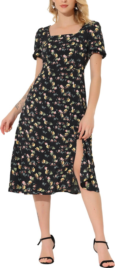 Unique Bargains Women’s Square Neck Short Puff Sleeve Slit Hem Midi Floral Dress