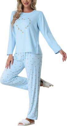 cheibear Women Sleepwear Lounge Heart Print with Pant Long Sleeve Pajama Set  Blue X-Large - ShopStyle