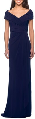 La Femme Short-Sleeve Ruched Jersey Gown Dress