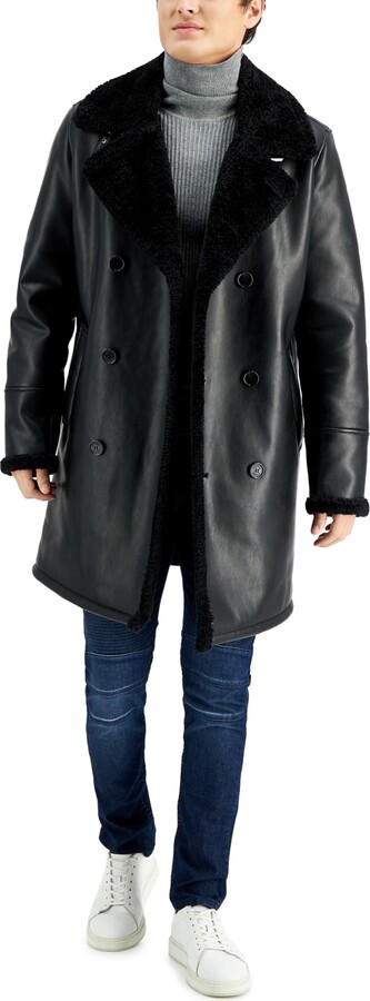 GUESS Men's Long Pleather Double Breasted Coat with Faux Shearling Cuff and  Collar - ShopStyle