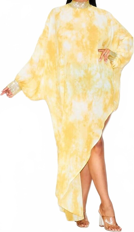 ILLord Couture Empress Chiffon Asymmetrical Tunic Dress- One Size In Yellow Tie Dye