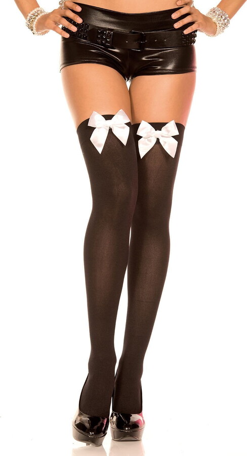 Music Legs Women’s Opaque Thigh Highs Satin Bow 4742-BLACK/WHITE