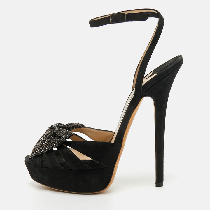 Jimmy Choo Size 38.5 Black Suede Bow Crystal Embellished Ankle Strap Platform Sandals