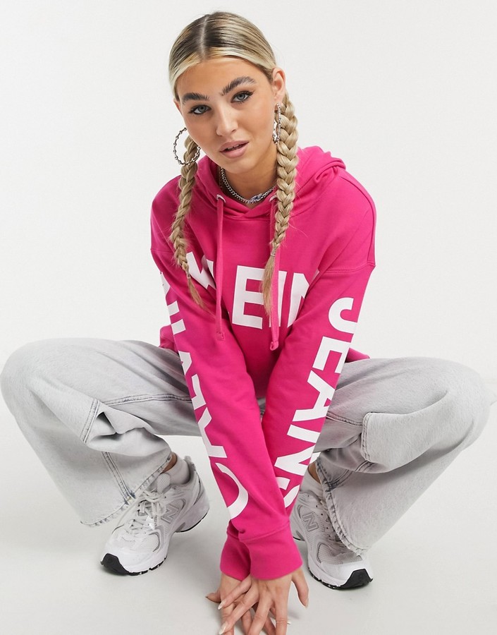 Calvin Klein Jeans logo sleeve hoodie in pink - ShopStyle