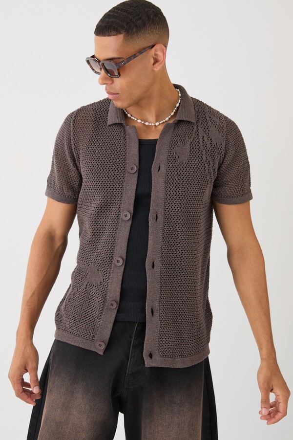 boohoo Open Stitch Tonal Floral Intarsia Short Sleeve Knit Shirt