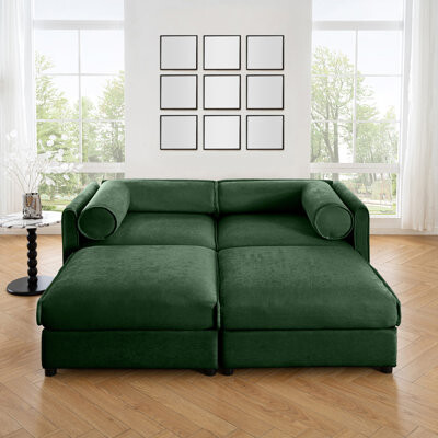 Latitude Run Stylish Green Chenille 2-Seater Sofa With 2 Ottoman Storage Seat