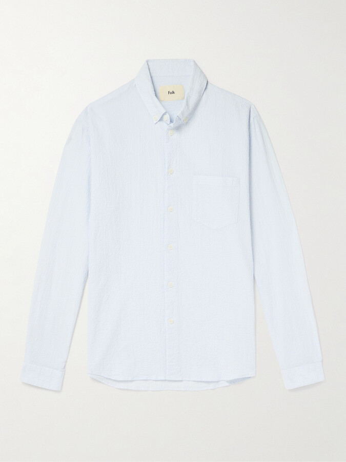 Folk Button-Down Collar Striped Crinkled Cotton-Blend Shirt