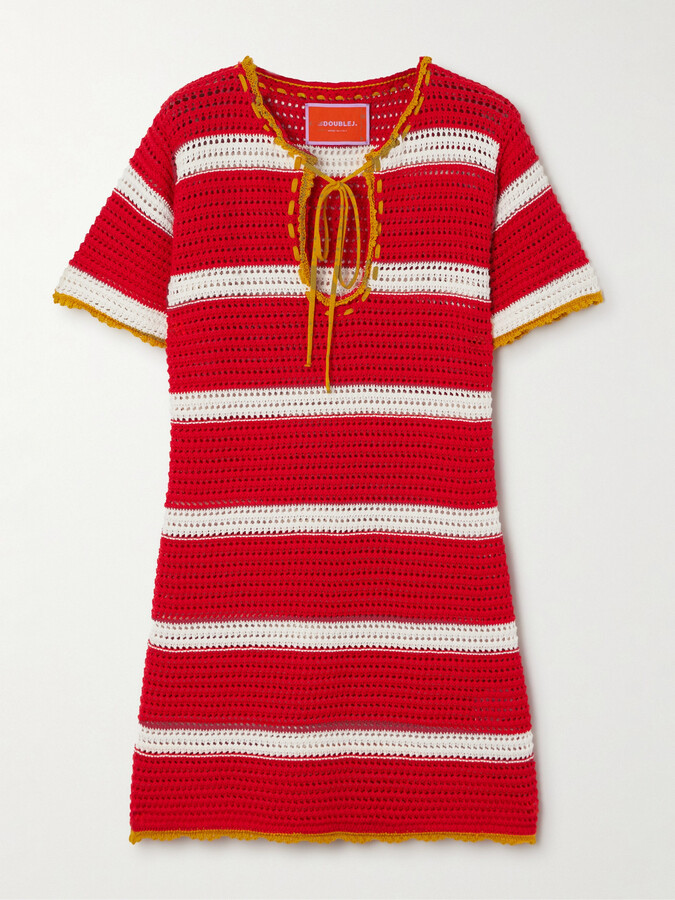 La DoubleJ + Orlebar Brown Salt 'n' Vinegar Striped Crocheted Cotton Mini Dress - Red