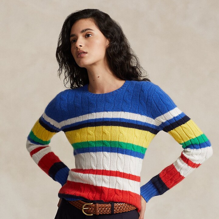 Ralph Lauren Striped Cable-Knit Cashmere Sweater - ShopStyle