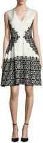 Thumbnail for your product : Lela Rose V-Neck Scroll Guipure Lace Dress, Ivory/Black