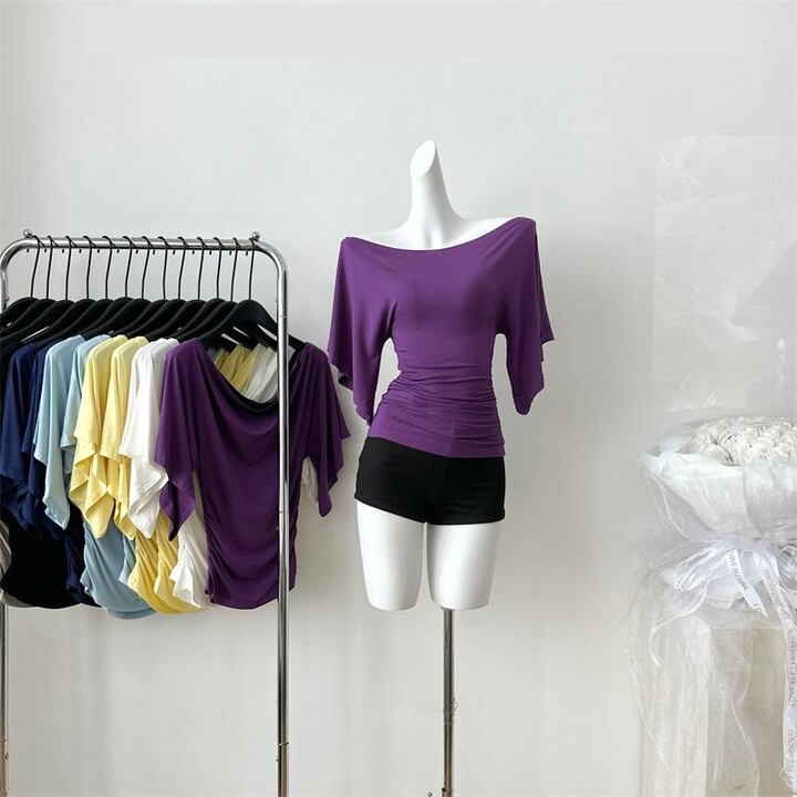 Women & apos;s Summer High Stretch Slash Neck Flare Sleeve Slim T Shirt Lady Sexy Pleated Slim Solid Color Pullover Tee Top