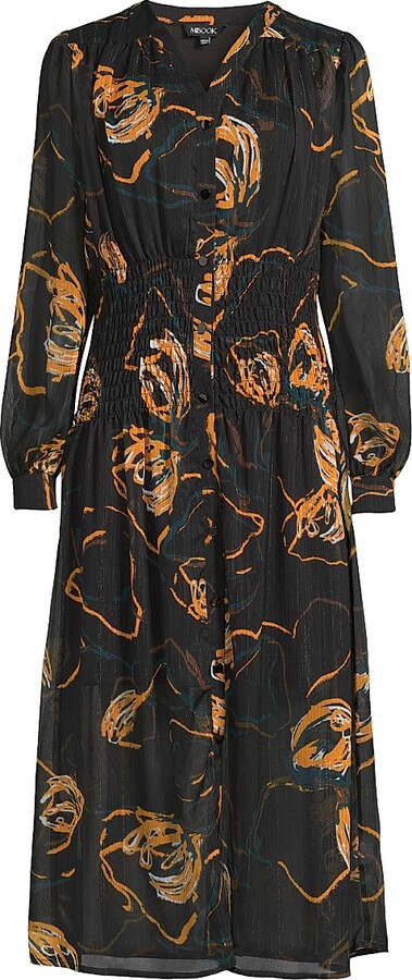 Women's Geometric Chiffon Smocked Midi-Dress - Black Ochre Spruce - Size Small