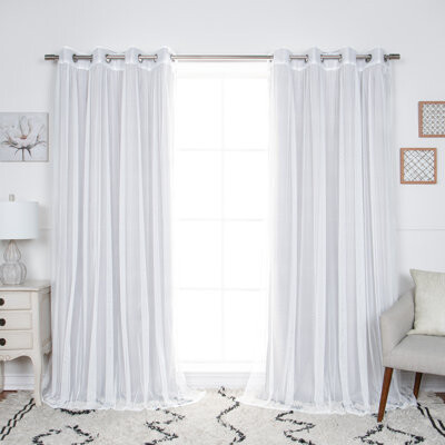 Best Home Fashion, Inc. Basketweave Printed Polyester Room Darkening And Ruched Tulle Sheer Silver Grommet Curtain Pair (Set Of 4)