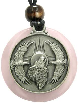 BestAmulets Amulet Howling Wolf Eagles Magic Medallion Circle Rose Quartz Pendant Necklace
