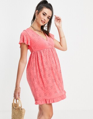 Mama Licious Mamalicious Maternity wrap front mini broderie dress in pink