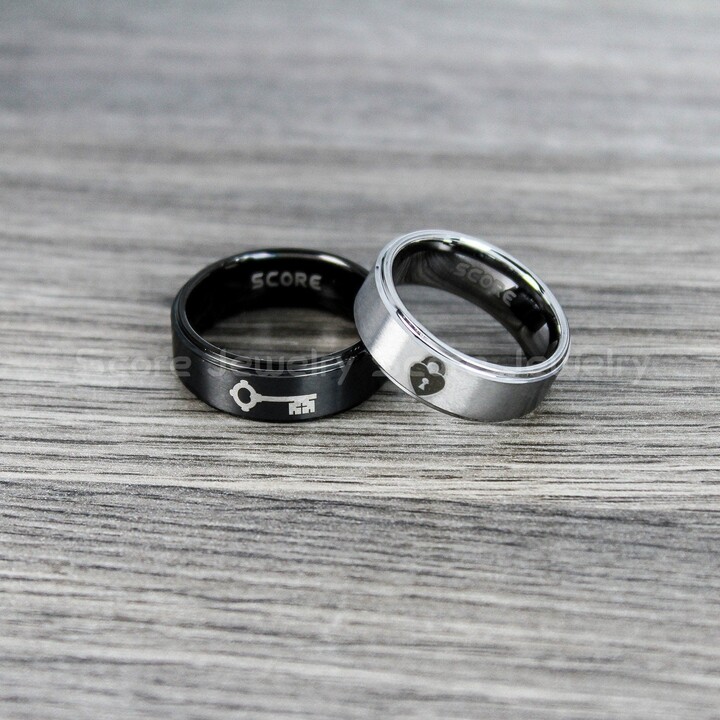 Etsy Lock & Key Rings Wedding 2 Piece Couple Set Tungsten Bands With Step Edge Heart Jewelry