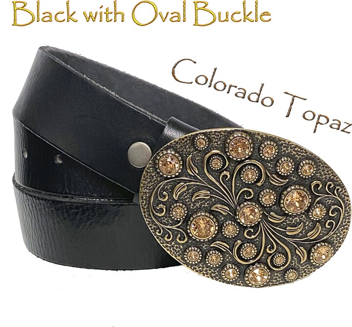 Black Leather Rhinestone Belt Vintage Brass Buckle, Full Grain Cowhide-Lt. Colorado Topaz-Sizes 30-46-Inch Waist