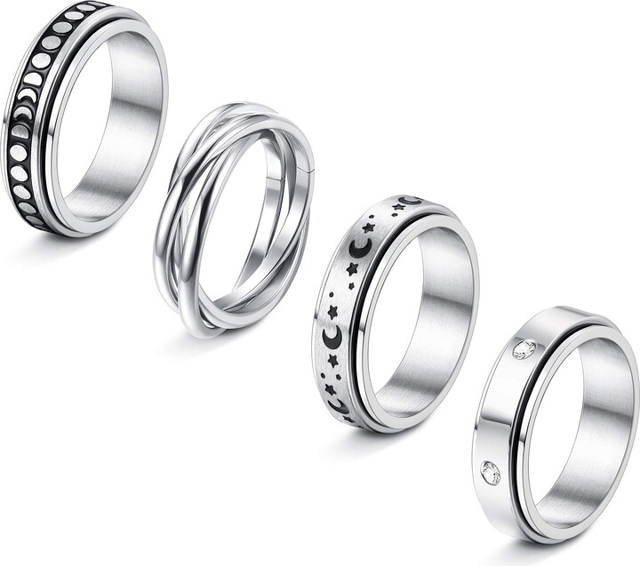 FINREZIO 6Pcs Stainless Steel Spinner Rings Set for Women Mens Moon Star CZ Matte Flower Triple Interlocked Rolling Stress Relieving Ring Anxiety Relief Fidget Band Rings 