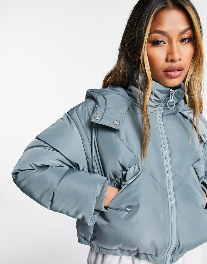 Topshop padded crop puffer jacket with hood in blue - ShopStyle