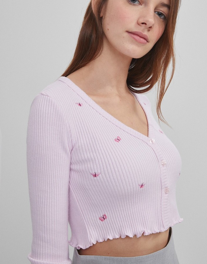 Bershka cropped jersey cardigan with flower embroidery in pink - ShopStyle