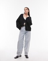 Thumbnail for your product : Topshop knitted fluffy v-neck wide rib cardigan in black