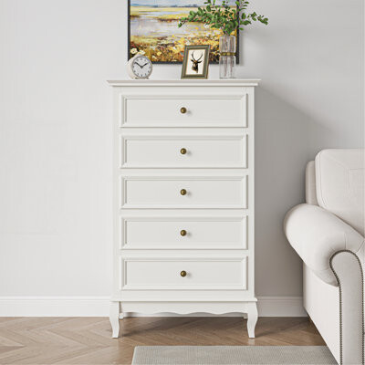 Latitude Run 5 Drawer Dresser For Bedroom Modern Storage Closet Cabinet Organizerwith Solid Wood Legs And Painted Finish-White