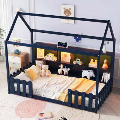 Harper Orchard Charming Twin House Bed with LED Light and Storage for Kids' Dreamland
