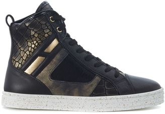 Hogan Sneaker R141 In Black And Gold Crocodile Printed Leather