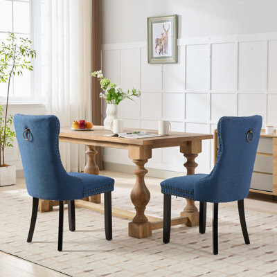 Red Barrel Studio Set Of 2 High-end Tufted Solid Wood Dining Chairs, Blue Linen Upholstered With Nailhead Trim, High Back Wood Legs, Contemporary Mid-century Dining Cha