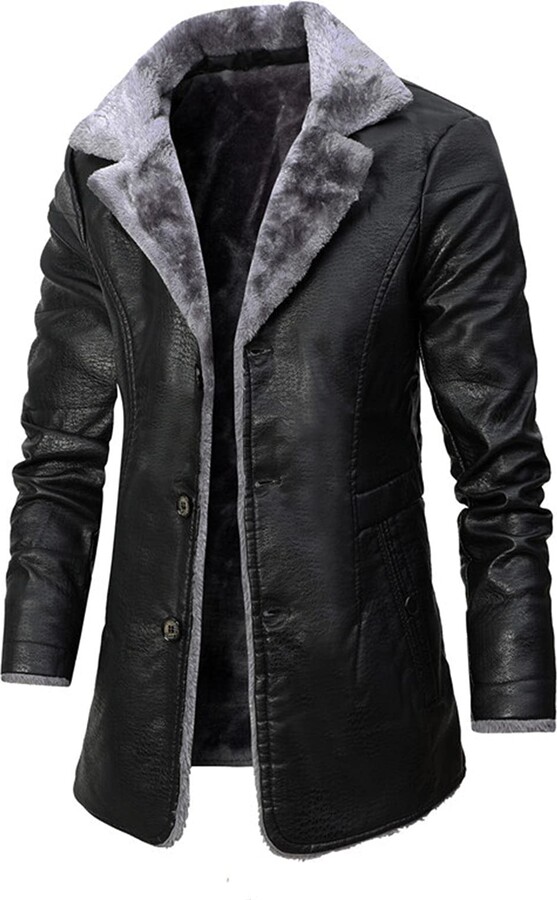 MANYMANY Mens Vintage Leather Coat Men Black Long Faux Leather Jacket