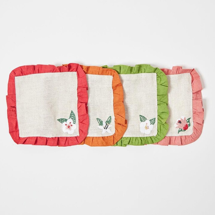Fall Linen Cocktail Napkin Set, Hand Embroidered Cotton Blend Beverage Napkins, Handmade Festive Table Decor